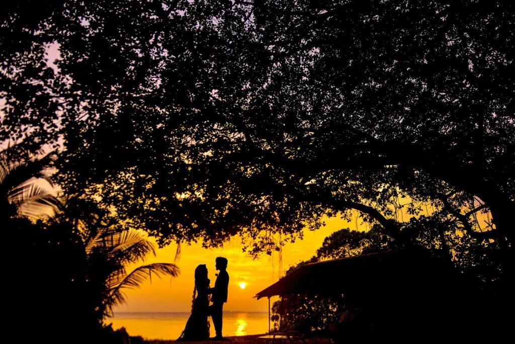 Sunset, romantic couple